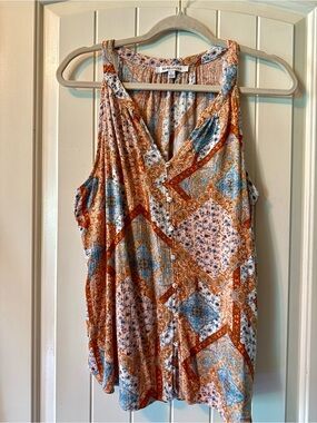 Rose & Olive Patchwork V-Neck Tank Top - Rust & Sky Blue